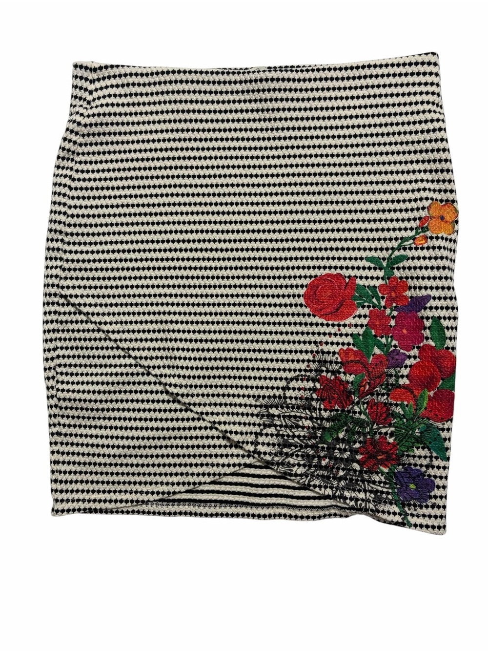 Desigual Black White Geometric Knit Graphic Floral Tulip Wrap Skirt L